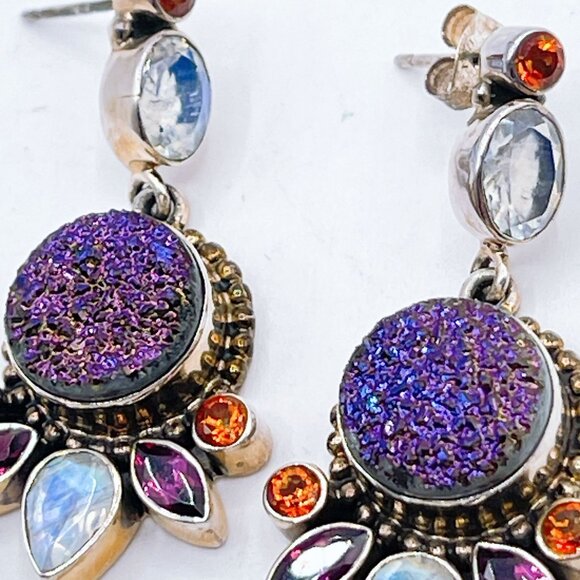 Nicky Butler Sterling Silver Earrings Purple Druzy Moonstone Garnet & Citrine Ge - Picture 1 of 7